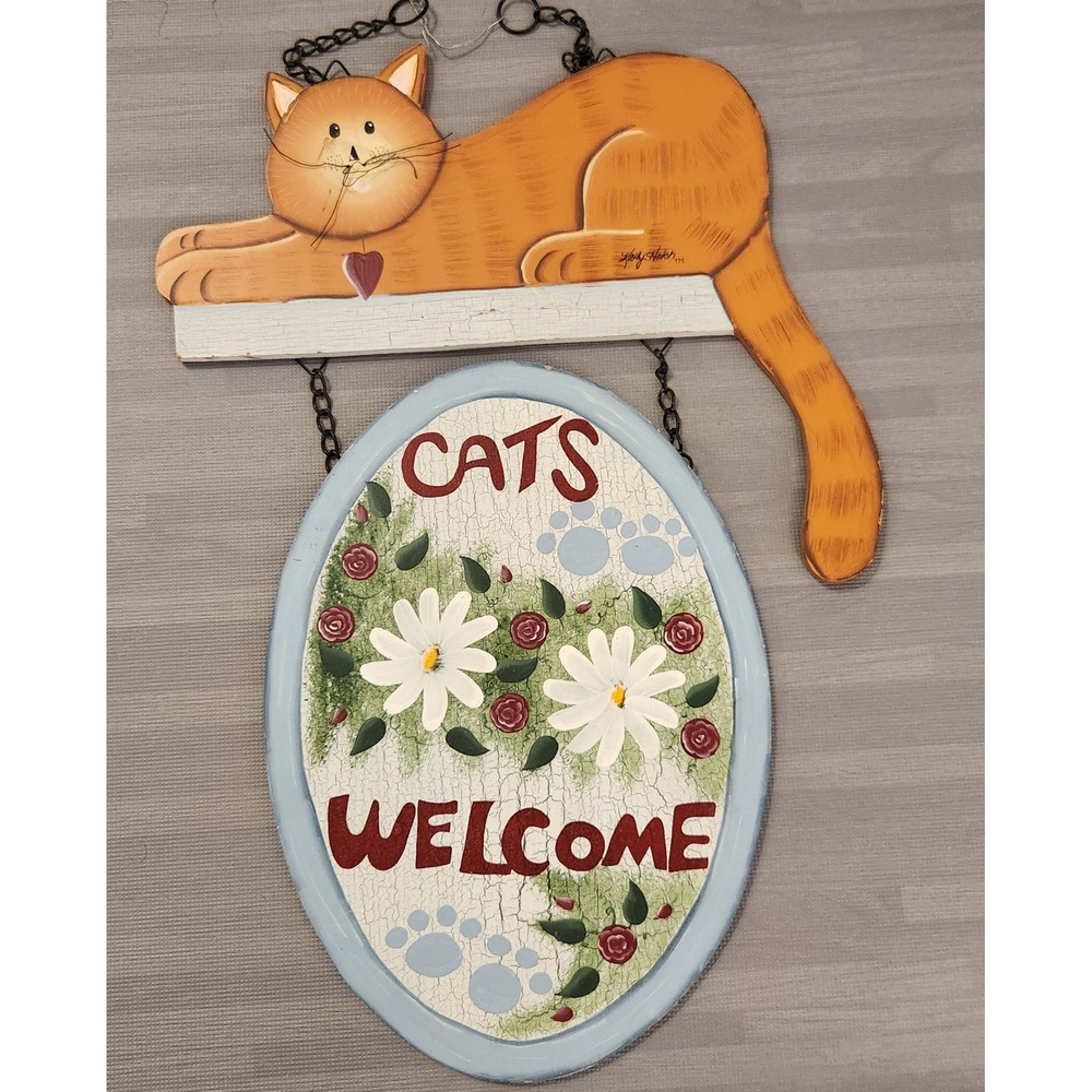 Kathy Hatch Collection Vintage 2001 Cats Welcome Wooden Wall Sign Orange Tabby
